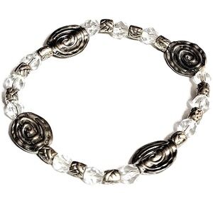 Vintage Handcrafted Heavy Silver Metal & Clear Crystal Beaded Bracelet 7"